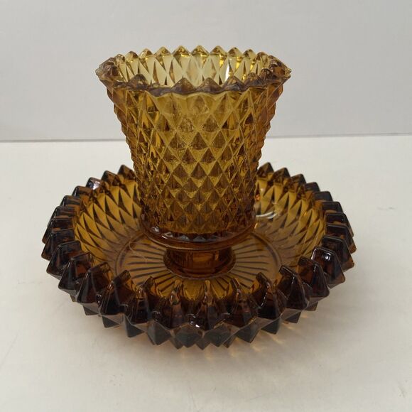 Vintage Indiana Glass fused Diamond Point Votive Peg Candle Holder w Base Amber - Picture 1 of 8